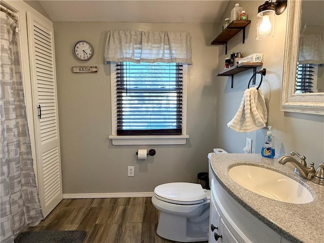 bathroom with hardwood / wood-style flooring, toilet, and vanity