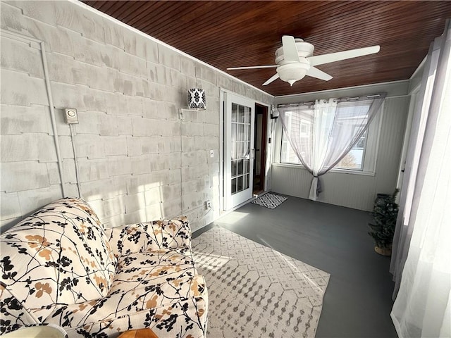 sunroom / solarium featuring ceiling fan and wooden ceiling