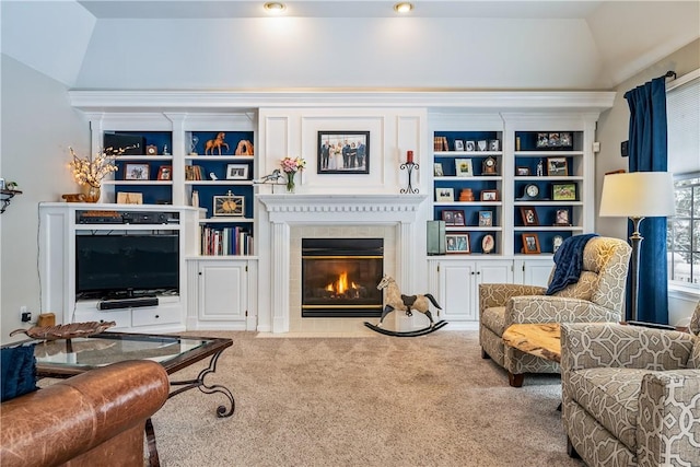 living room featuring light carpet and lofted ceiling