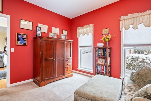 sitting room with light colored carpet