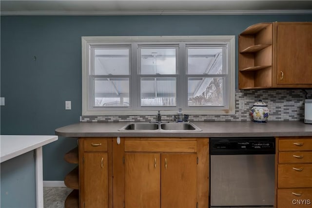 kitchen featuring crown molding, decorative backsplash, dishwasher, and sink