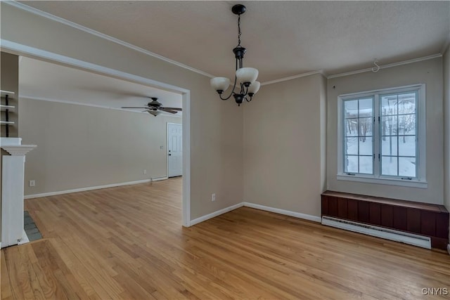 unfurnished dining area with a textured ceiling, ceiling fan with notable chandelier, ornamental molding, light wood-type flooring, and a baseboard heating unit