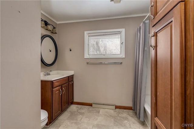 full bathroom with toilet, shower / bath combo with shower curtain, vanity, and ornamental molding