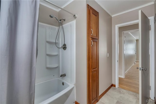 bathroom featuring shower / bathtub combination with curtain and crown molding