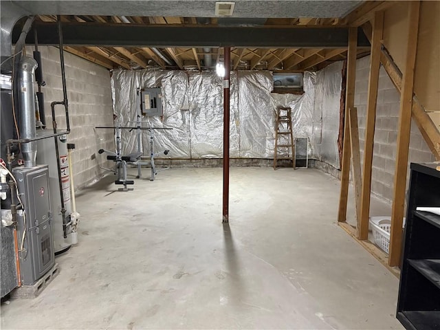 basement with electric panel and water heater