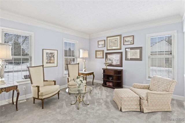 living area featuring light carpet and crown molding