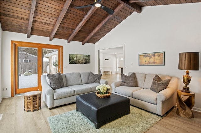 living room featuring light wood-type flooring, wood ceiling, ceiling fan, high vaulted ceiling, and beamed ceiling