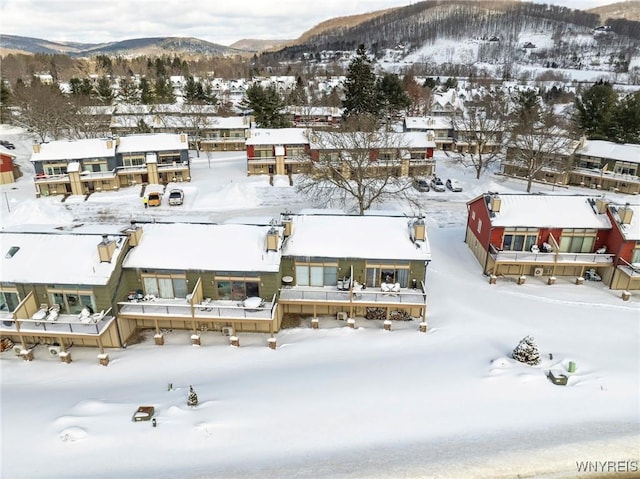 snowy aerial view with a mountain view