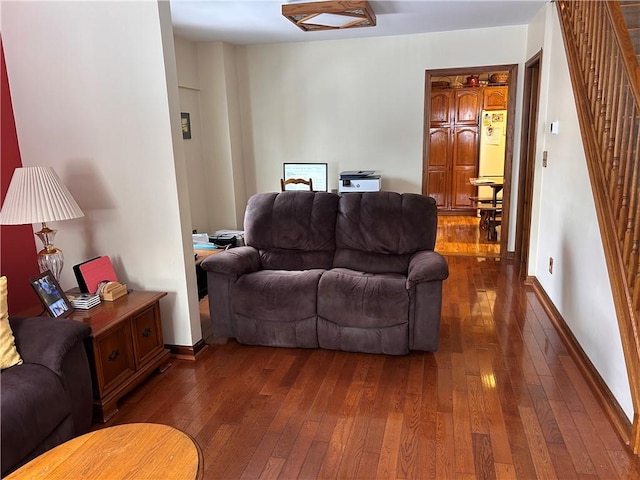 living room featuring dark wood-type flooring