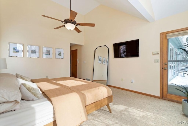 carpeted bedroom with high vaulted ceiling, ceiling fan, and access to exterior