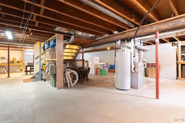 basement with heating unit and gas water heater