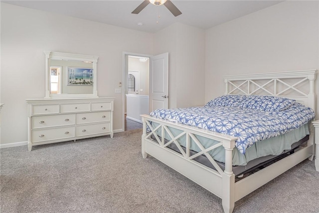 bedroom with light carpet and ceiling fan