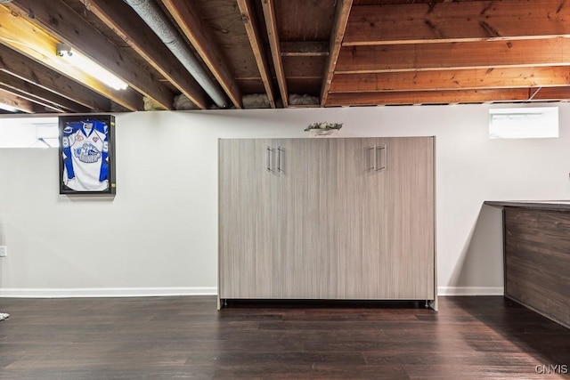 basement with dark hardwood / wood-style flooring