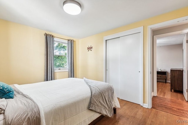 bedroom with light wood-type flooring and a closet