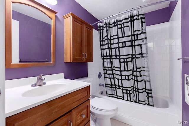 full bathroom featuring shower / bathtub combination with curtain, vanity, and toilet