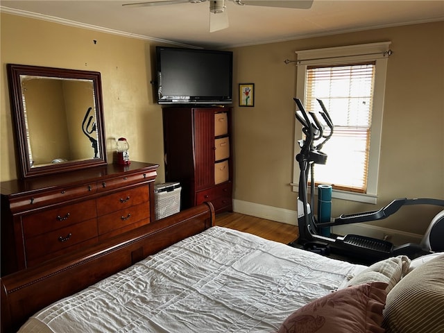 146 N Broad St, Norwich-City, NY 13815 - bedroom featuring ceiling fan, ornamental molding, and light hardwood / wood-style flooring