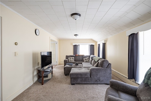 living room with carpet floors and ornamental molding