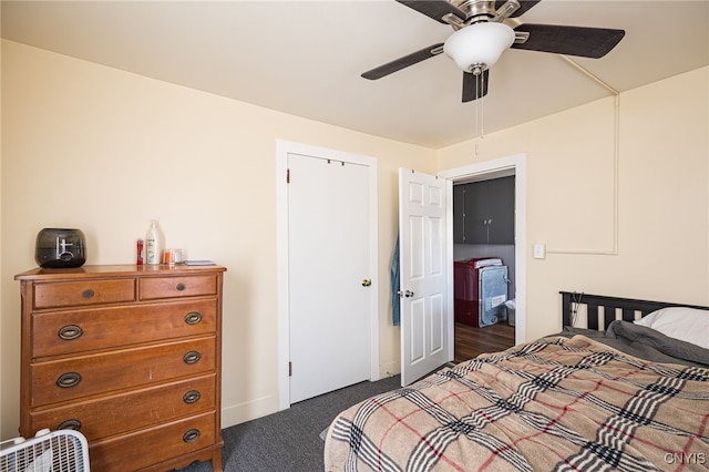 bedroom with ceiling fan and dark colored carpet