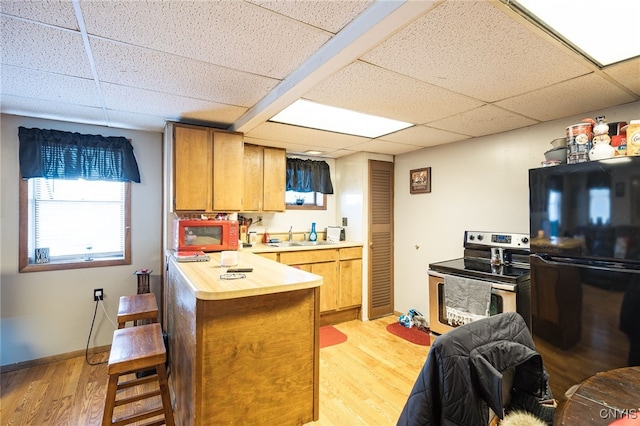 kitchen featuring stainless steel range with electric cooktop, light hardwood / wood-style flooring, black refrigerator, and kitchen peninsula