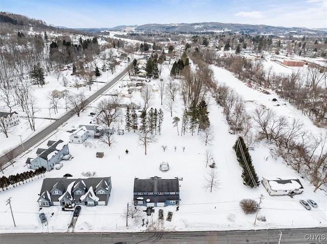 snowy aerial view featuring a mountain view