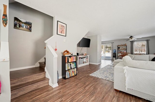 living room featuring ceiling fan and dark wood-type flooring