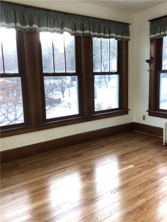 unfurnished dining area with wood finished floors, a wealth of natural light, and baseboards