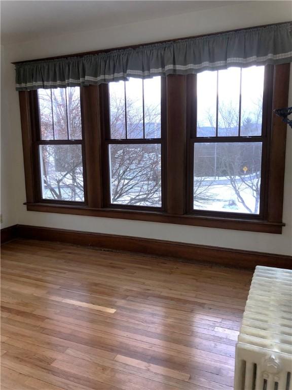 interior space featuring radiator, plenty of natural light, baseboards, and wood finished floors