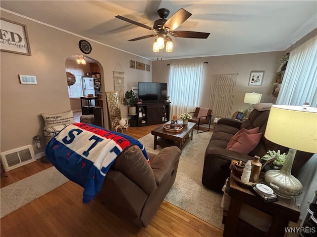 living room with ceiling fan, crown molding, a healthy amount of sunlight, and wood-type flooring