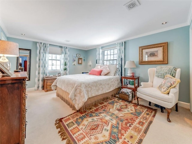 carpeted bedroom with multiple windows and crown molding