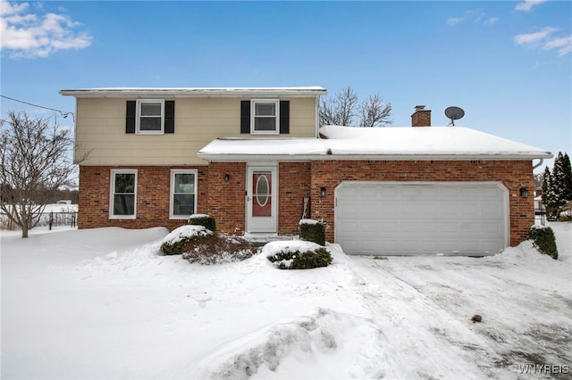 view of front of home featuring brick siding, a chimney, entry steps, and a garage