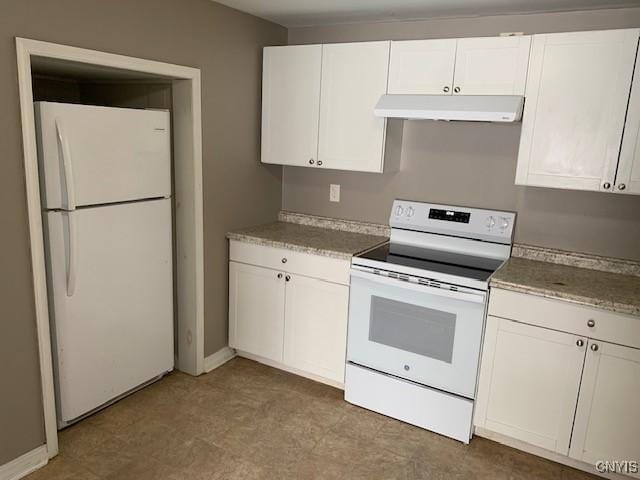 kitchen featuring light countertops, white appliances, white cabinetry, and under cabinet range hood