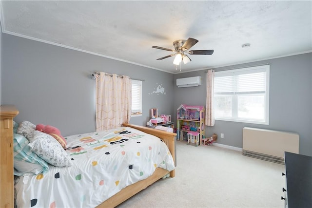 carpeted bedroom with ornamental molding, an AC wall unit, multiple windows, and baseboards