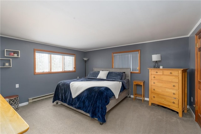 bedroom with a baseboard radiator, crown molding, baseboards, and carpet flooring