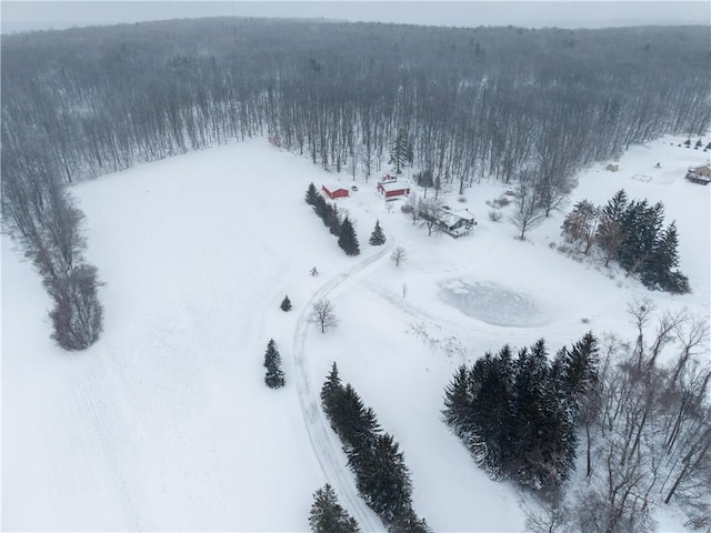 snowy aerial view with a view of trees