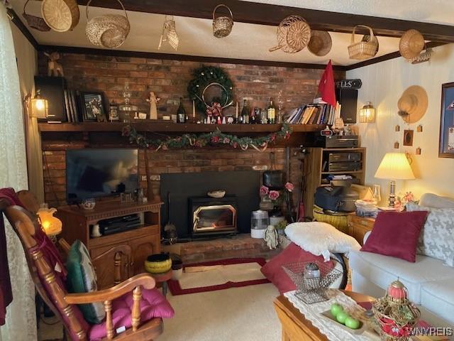 living room featuring brick wall and carpet flooring