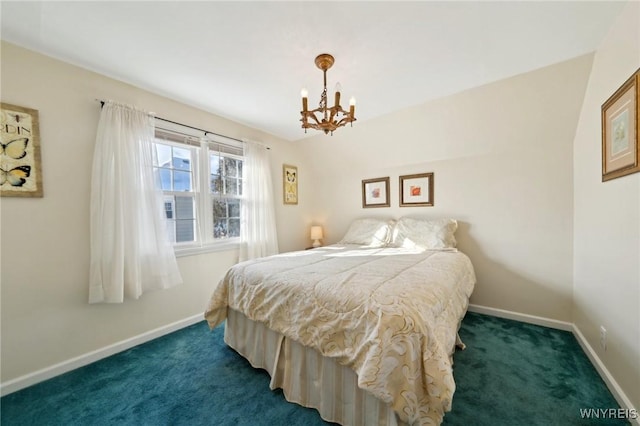 bedroom featuring a chandelier, dark carpet, and baseboards