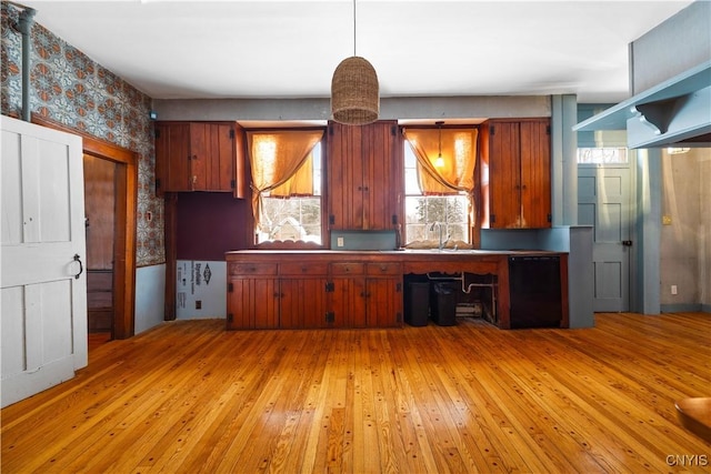 kitchen featuring black dishwasher, hanging light fixtures, a sink, and light wood-style floors