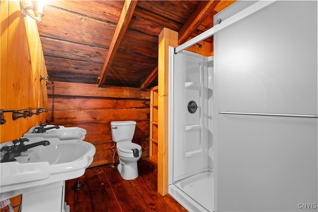 full bath with toilet, wood finished floors, wood ceiling, a sink, and a shower stall