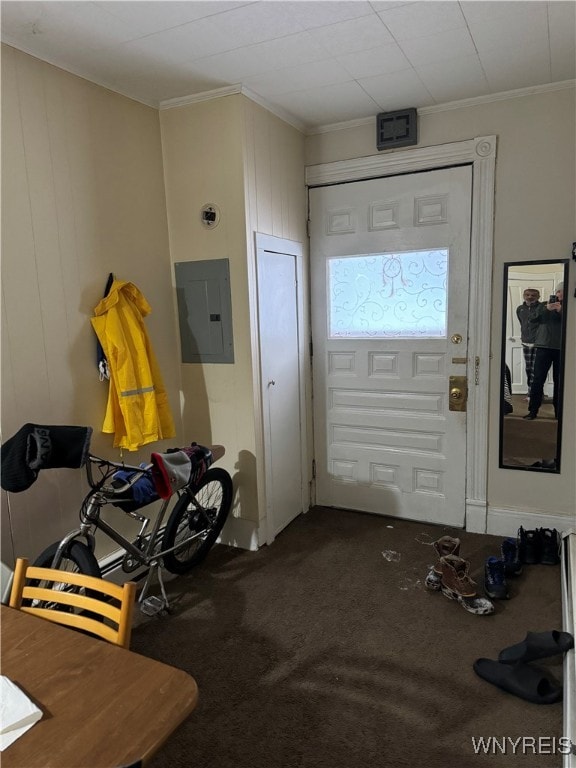 doorway to outside featuring carpet, electric panel, and crown molding