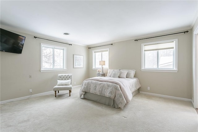 bedroom featuring visible vents, ornamental molding, baseboards, and light colored carpet