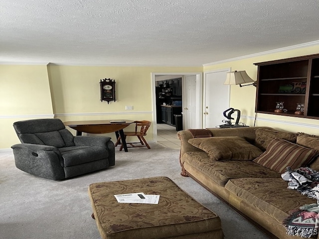 living room with light carpet, crown molding, and a textured ceiling