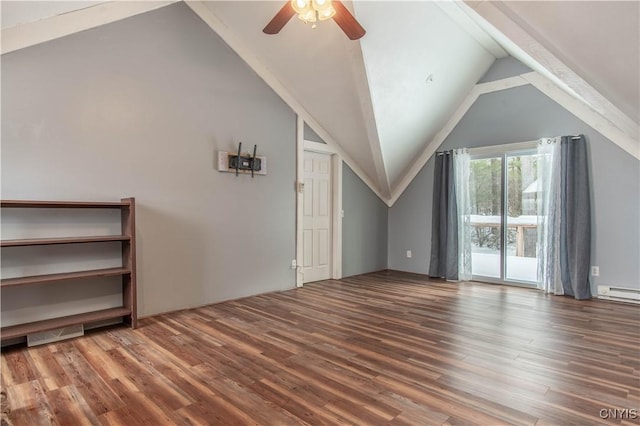 32702 Old Town Springs Rd, Clayton, NY 13622 - bonus room with visible vents, a baseboard radiator, wood finished floors, a ceiling fan, and lofted ceiling