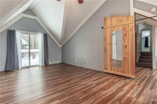 32702 Old Town Springs Rd, Clayton, NY 13622 - bonus room with a baseboard radiator, ceiling fan, wood finished floors, stairway, and lofted ceiling