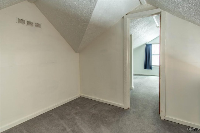 32702 Old Town Springs Rd, Clayton, NY 13622 - additional living space featuring vaulted ceiling, visible vents, dark colored carpet, and a textured ceiling