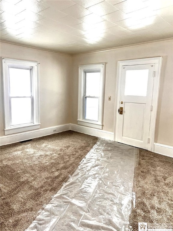 carpeted entrance foyer featuring ornamental molding and baseboards