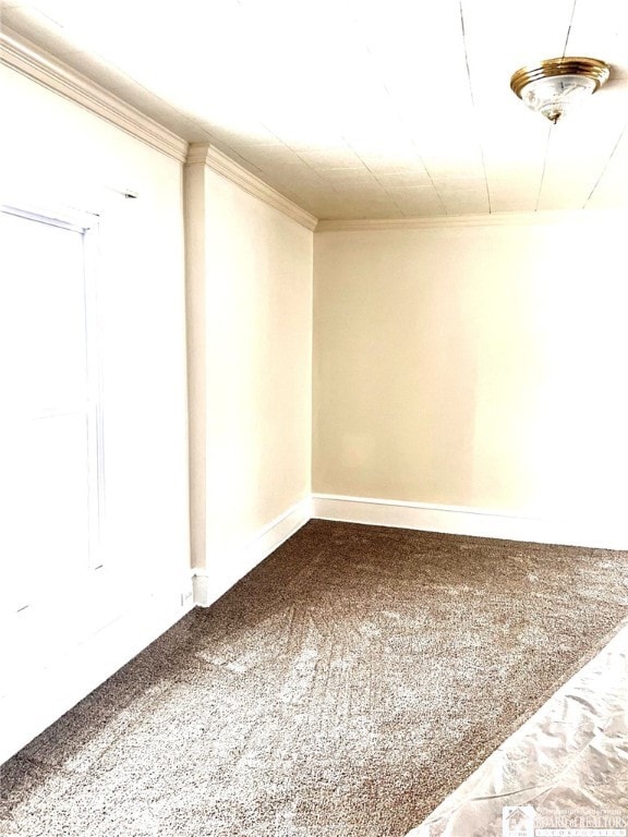 carpeted empty room featuring ornamental molding and baseboards