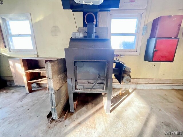 room details featuring a wood stove