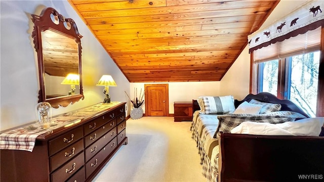 bedroom with wood ceiling, vaulted ceiling, and light colored carpet