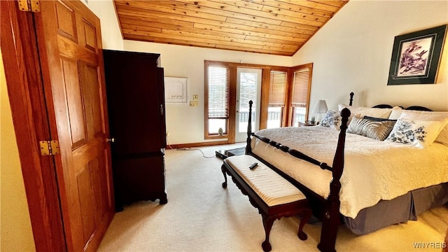 bedroom with light carpet, baseboards, wood ceiling, access to exterior, and vaulted ceiling