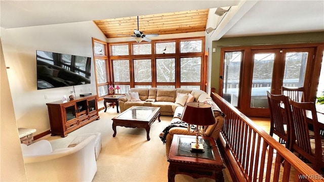 6539 Plum Creek Rd, Mansfield, NY 14731 - living room featuring a ceiling fan, light carpet, wooden ceiling, and vaulted ceiling